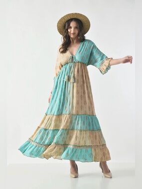 26413 Boho Two-Tone Aqua and Beige Tiered Maxi Dress